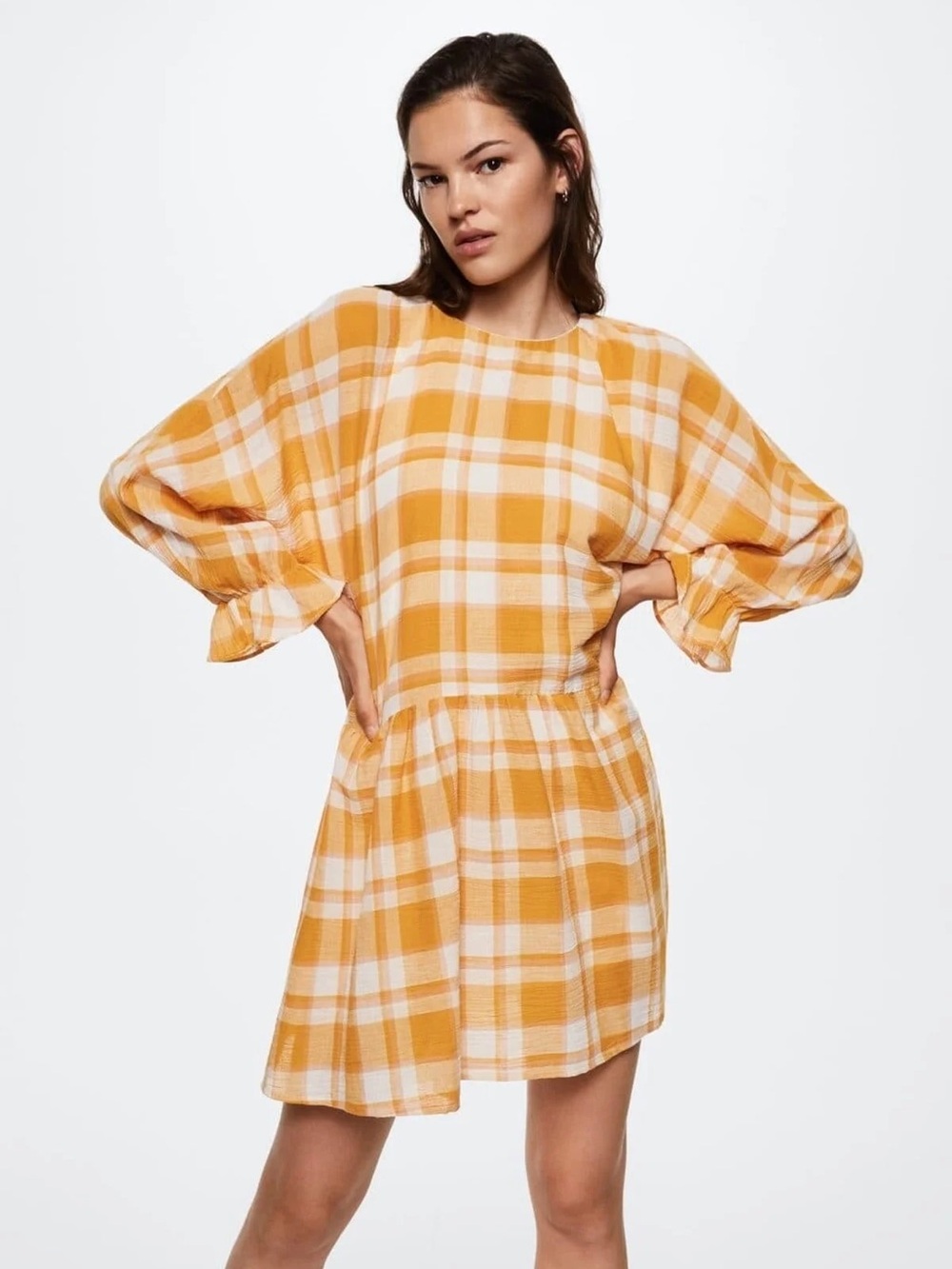 Mango Yellow Plaid Balloon-Sleeve Mini 100% Cotton Dress Size 6